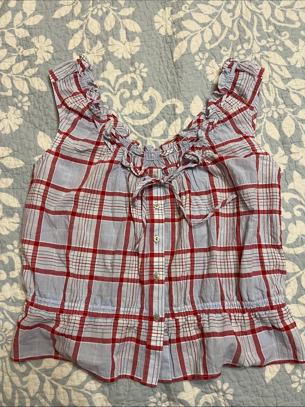 Universal Thread Red and White Plaid Ruffle-Neck Sleeveless top